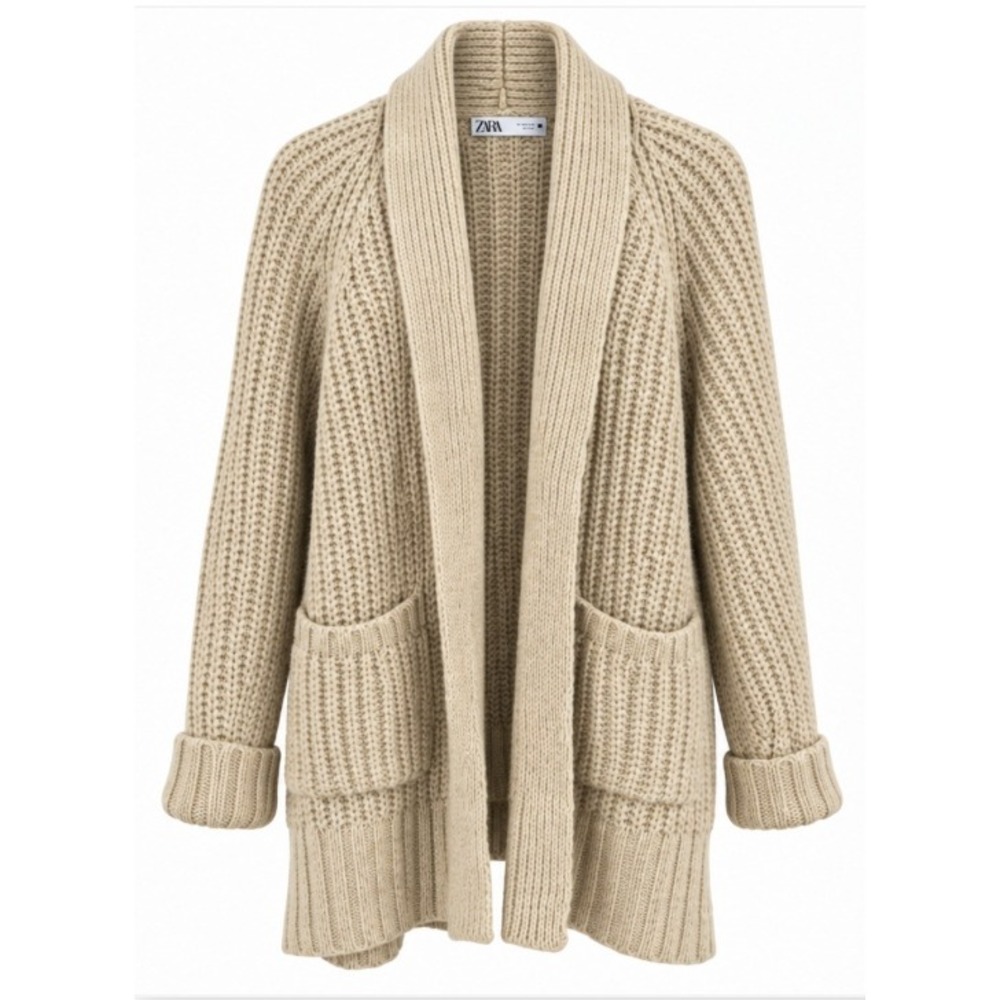 Zara Cardigan Women Small Beige Oversized Chunky Shawl Collar Patch Pockets